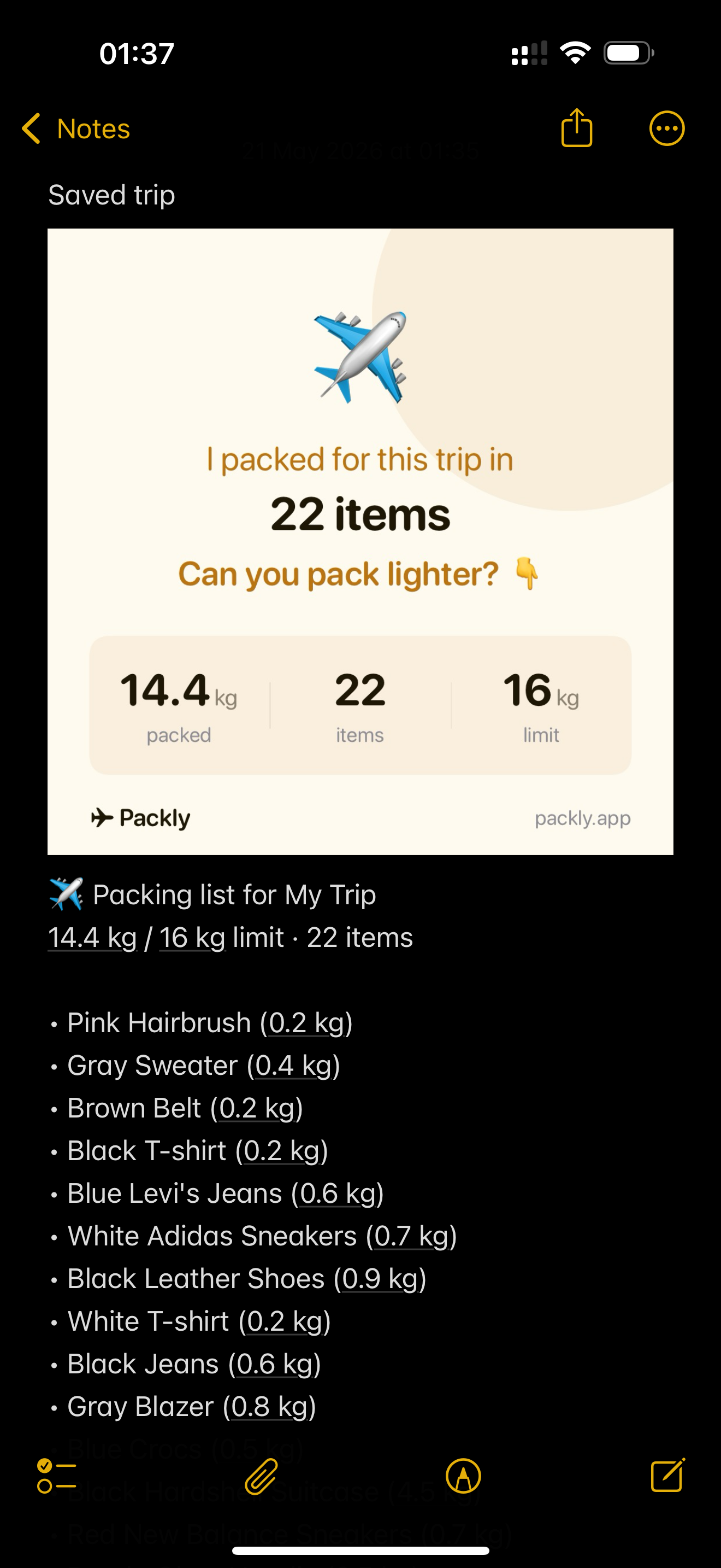 Packing list with card exported to Notes